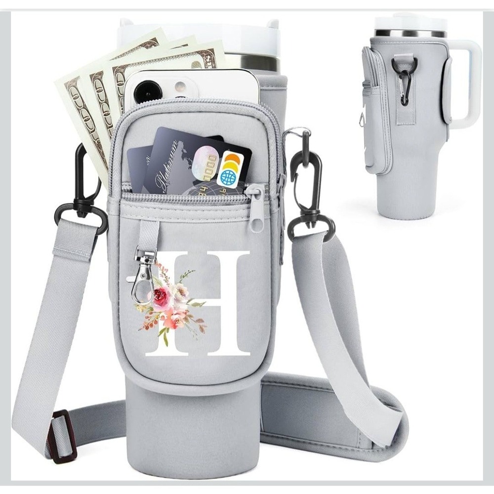 'H' Initial Water Bottle Holder Strap 40oz Stanley Cup Tumbler Phone Carrier Bag